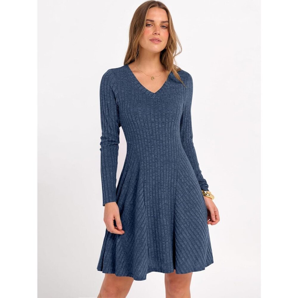 Women's Long Sleeve Ribbed Short Dresses V Neck Swing Sweater Dress Dark Blue - Picture 2 of 7